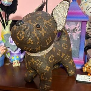Brown Monogram Dog Figurine with Rhinestone Collar and ears